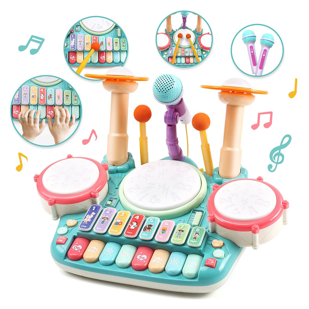 Cute Stone 5in1楽器玩具 楽器 おもちゃ 女の子 音楽 おもちゃ ピアノ ドラムおもちゃ ピアノキーボード ドラム 木琴 マイク2個 ドウムギター 多機能 音楽&ライト 音楽 玩具 知育玩具 男の子 電子 太鼓 鍵盤楽器の玩具 誕生日 子供 ギフト 贈り物 4歳 ６歳 ８歳 送料無料