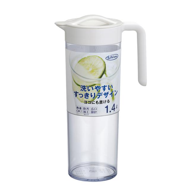 【ホワイト】 ピッチャー 1.4L 通販 タテヨコスリムピッチャー 1400ml スリムボディ スリムボデー 横にもおける ヨコ置き 熱湯OK 広口 洗いやすい 冷蔵庫 ドアポケット 防汚加工キャップ