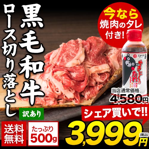 訳あり 九州産 黒毛和牛 肉 お肉 牛肉 ロース 切り落とし（ロース 500g/約3人前）焼肉のタレ付き