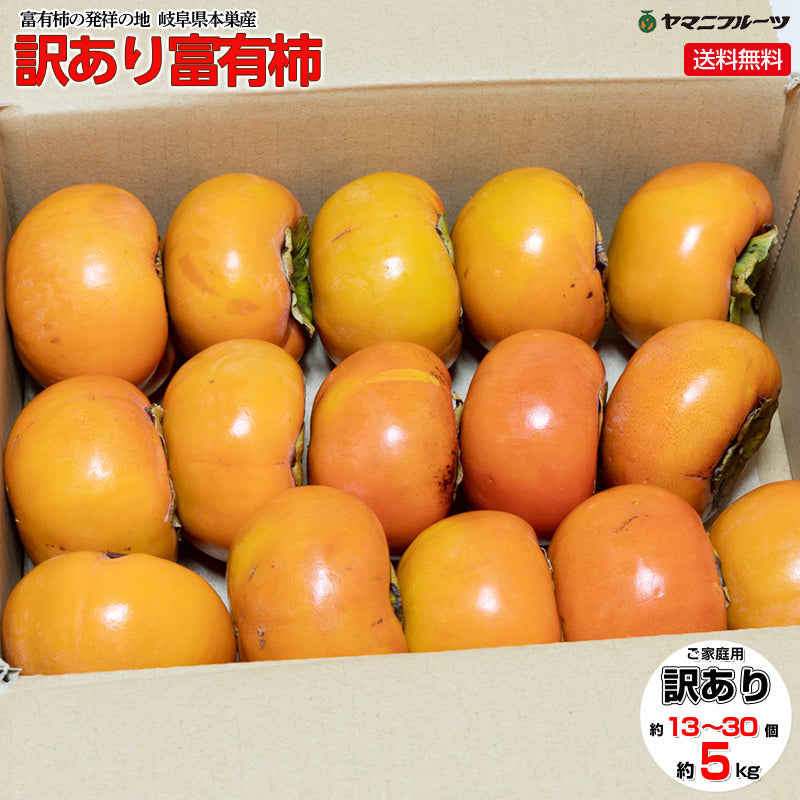 【大好評出荷中☆】[ご家庭用/訳あり品] 岐阜県本巣産 訳あり富有柿 約13〜30個入り 約5kg S〜3Lサイズ【送料無料】