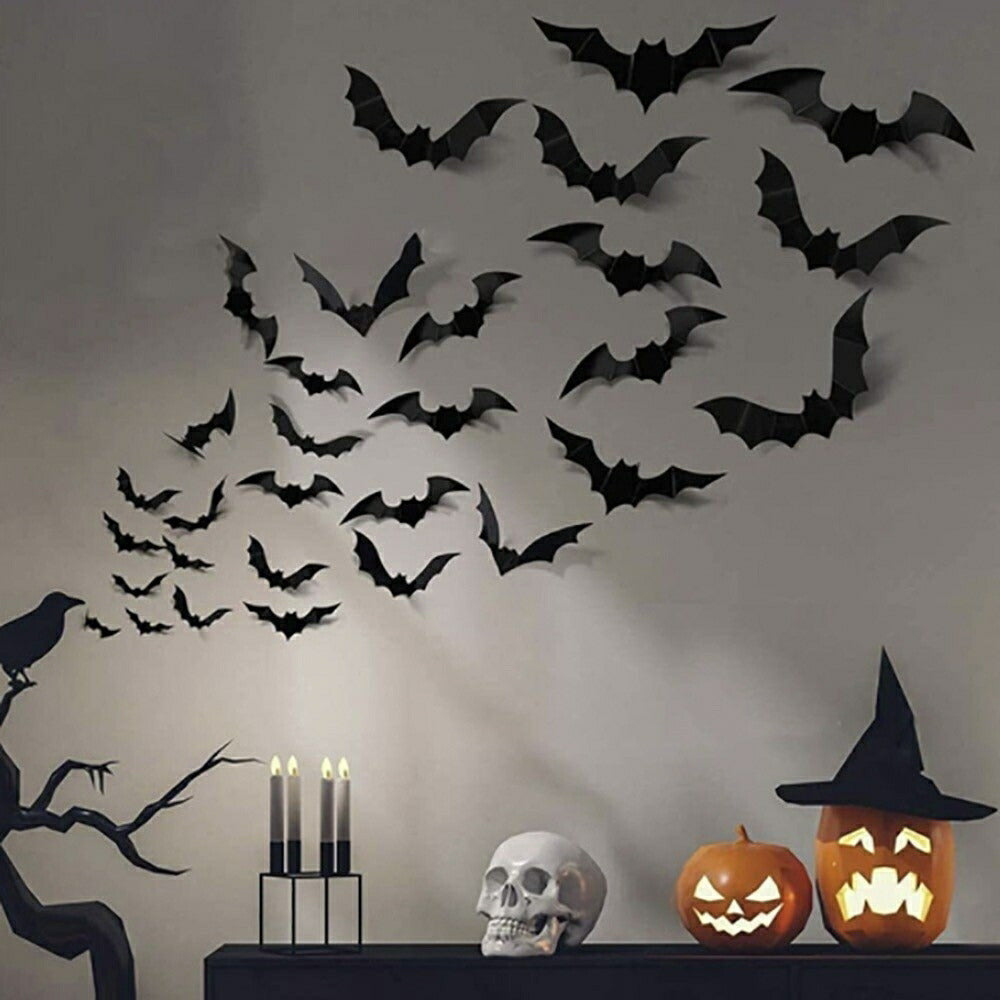 ハロウィン コウモリ シール 44枚セット 3D 立体 ステッカー こうもり 蝙蝠 ホラー リアル 本格的 誕生日 飾り付け 室内 クリスマス 怖い 恐怖 渋い かわいい Xmas Christmas 豪華 華やか おしゃれ パーティー デコレーション