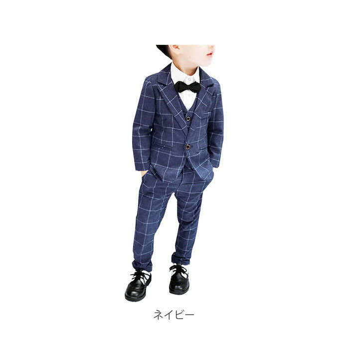 【ネイビー・120cm】 キッズ スーツ 男の子 通販 フォーマル 卒園式 入学式 卒業式 入園式 チェック柄 フォーマルスーツ ジャケット ベスト パンツ ズボン 結婚式 七五三 発表会 パーティ 子供服 90 100 110