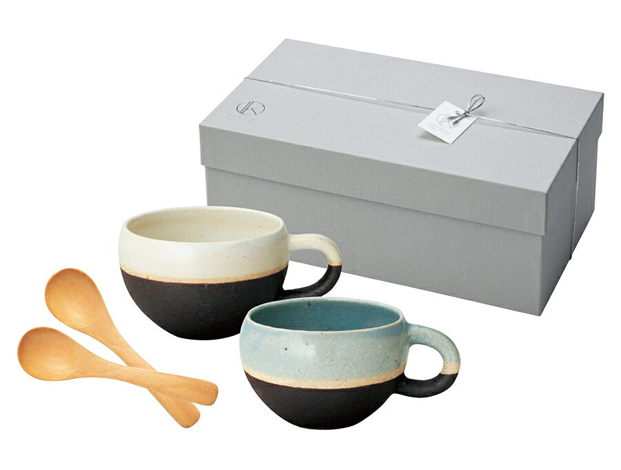 ネージュ・スープカップ＆スプーンペアギフトセット(クラムチャウダー＆ポタージュ) 専用ボックス入り 紐ｼﾙﾊﾞｰ BOX 化粧箱 引き出物 結婚祝い 新築祝い プレゼント マグカップ 母の日 父の日 食器ギフト 内祝い 陶器のふる里 trysケ