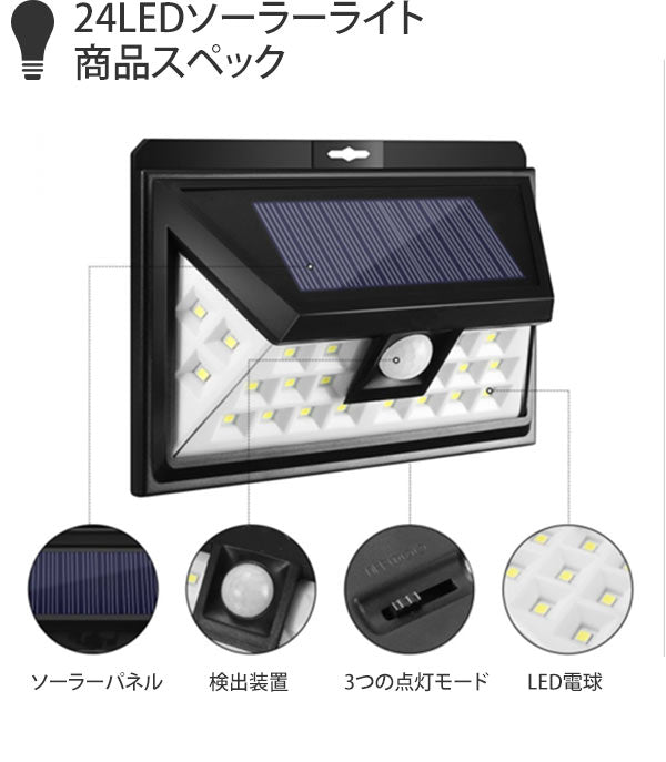 【ブラック・led24】 ソーラーライト 屋外 通販 センサーライト 24LED ライト 防水 人感センサー 玄関入口 玄関周り 駐車場 ガレージ 軒先 庭先 自動点灯 壁掛け 外灯 ガーデンライト 庭園灯 コンパクト