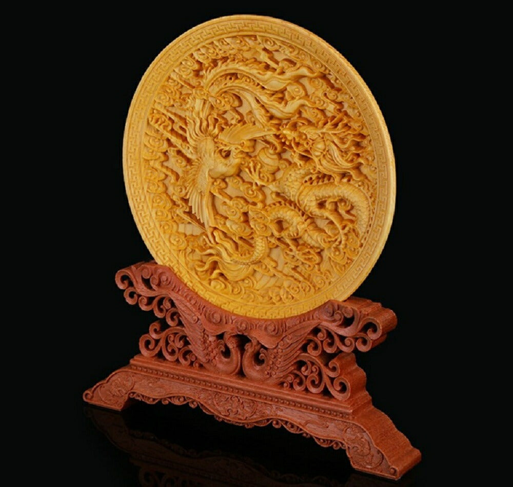 龍 鳳凰 皿 極上彫り【お皿型龍神＆鳳凰彫り】直径約145mm 台付き 木彫り 龍神＆鳳凰 風水 インテリア 彫刻 仏像 縁起物 祈る 開運 スピリチュアル プレゼント 贈り物 ギフト お土産 お守り 置物 飾り 丸型 ドラゴン 鳥 神鳥 ウッド 刻印
