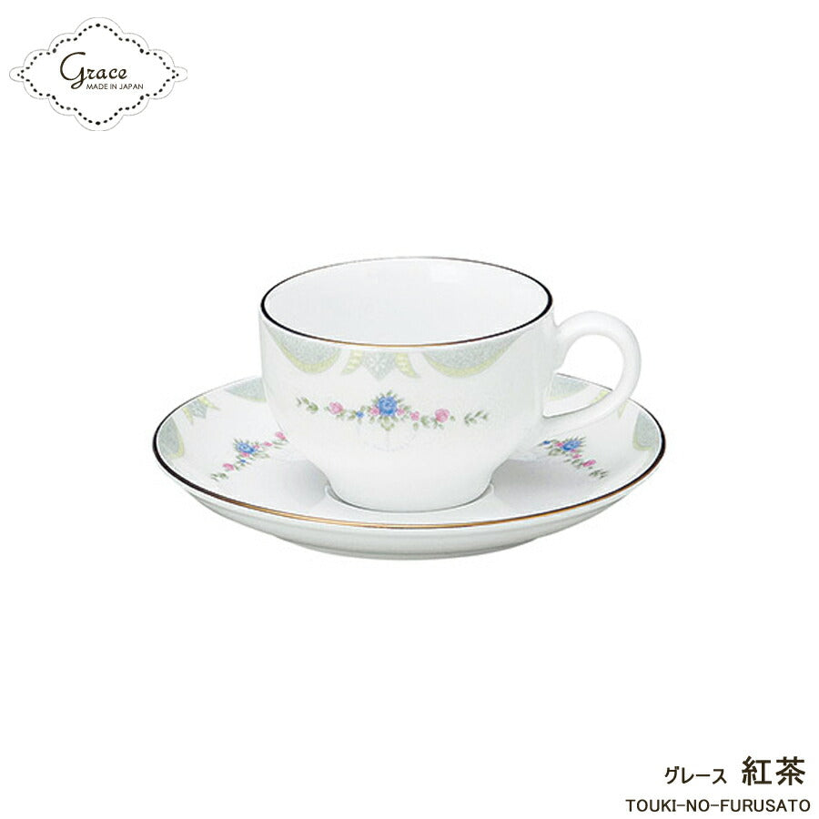 グレース-紅茶カップ＆ソーサー (紅茶碗＋兼用受皿)170cc 碗皿 洋風 ティーカップ ティーセット 電子レンジOK 小花 レース 上品 金線 ゴールド 豪華 SNS映え インスタ映え かわいい 国産 美濃焼 日本製 洋食器 高品質  陶器のふる里  stockヤ