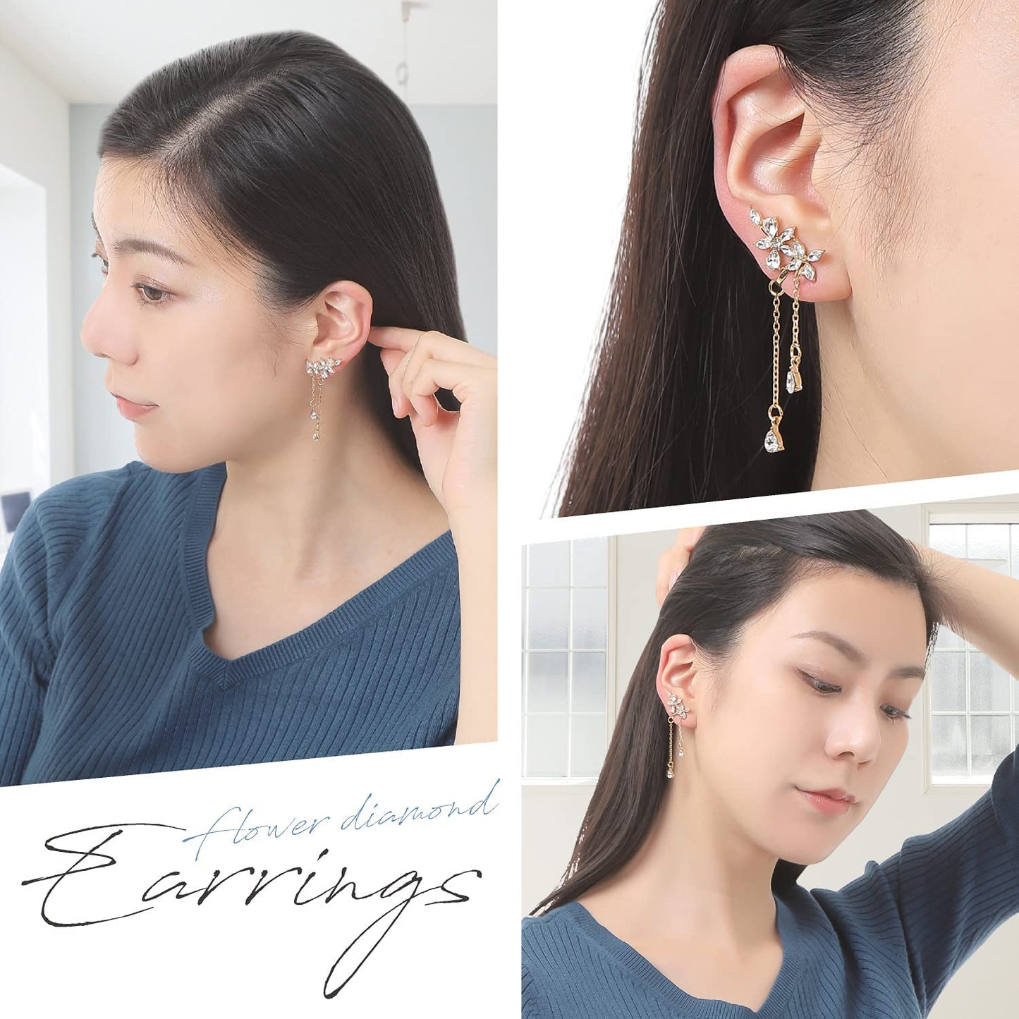 Renervate 揺れる イヤリング レディース 人気 大人 コンバーター 縦型 パーツ 花 可愛い おしゃれ 大ぶり ノンホールピアス  クリップ式 ブランド シンプルピアス シルバー K18ゴールド仕上げ イヤーカフ 韓国 ジルコニア 金属アレルギー対応 両耳 セット 直送(ゴールド)