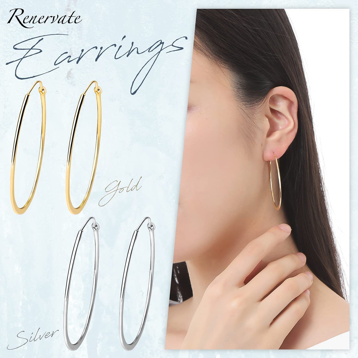 Renervate ピアス レディース 人気 シンプル 揺れる 大きめ フープピアス ブランド ゴールド シルバー 女性 ピアス イヤリング 18kコーティング 結婚式 お呼ばれ パーティー 二次会 パーツ キャッチ 金属アレルギー対応 プレゼント 両耳 セット(シルバー)