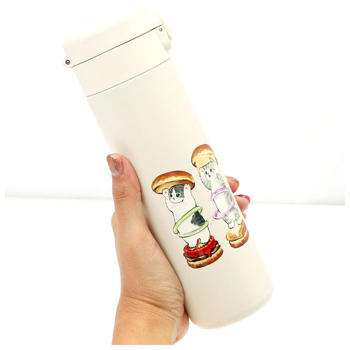 【ハンバーガーにゃん】 水筒 直飲み ステンレス 通販 モフサンド 猫 グッズ ステンレスボトル ワンタッチ 保冷 保温 約 500ml 480ml ぢゅの おしゃれ かわいい ネコ 猫柄 マイボトル マグボトル ワンプッシュ