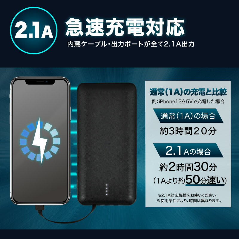 (ブラック）モバイルバッテリー 10000mAh【PSE安全認証済】 4本ケーブル付き 4台同時充電可 5V 2A 薄型 軽量 大容量 送料無料 4本ケーブル内蔵 iphone type-c microUSB 急速充電 スマホ充電器 持ち運び便利