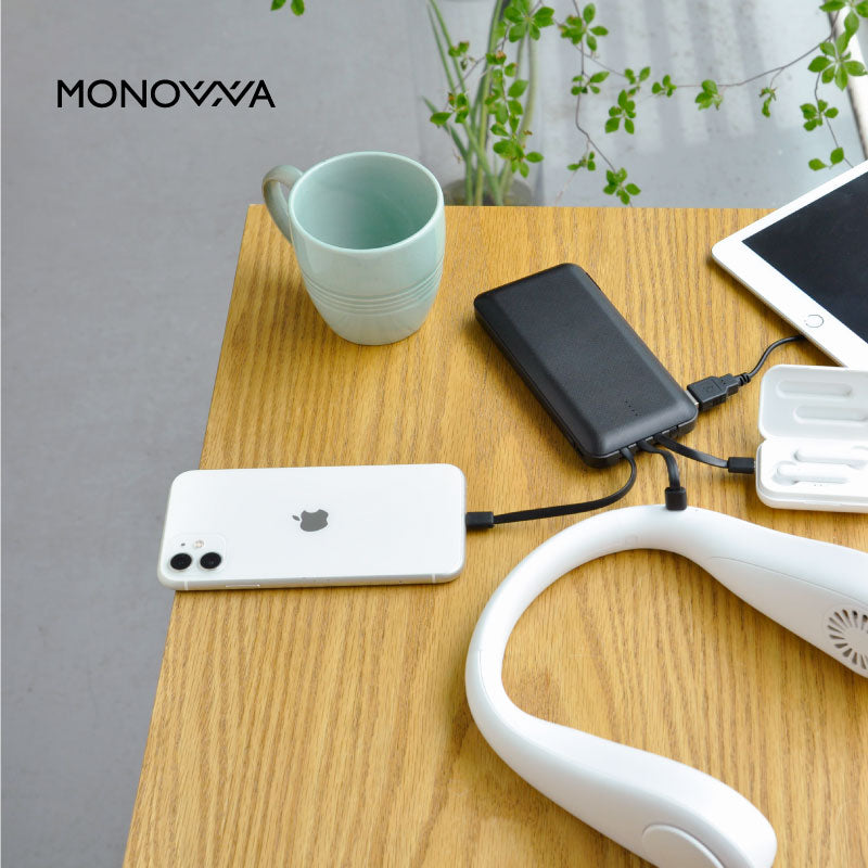 (ブラック）モバイルバッテリー 10000mAh【PSE安全認証済】 4本ケーブル付き 4台同時充電可 5V 2A 薄型 軽量 大容量 送料無料 4本ケーブル内蔵 iphone type-c microUSB 急速充電 スマホ充電器 持ち運び便利