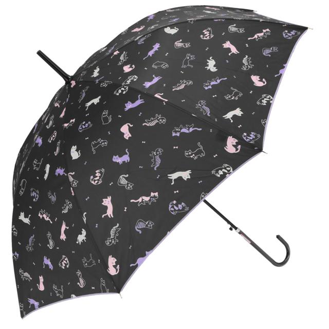 【ブラック・23260.リボンキャッツ】 傘 レディース 長傘 通販 58cm 長傘 可愛い amusant sous la pluie 軽量 シンプル おしゃれ 大人 かわいい 通勤 通学 軽い ジャンプ傘 グラスファイバー骨 丈夫 折れにくい 雨傘