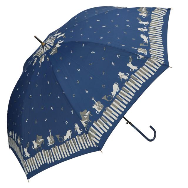 【ネイビー・17130.オーケストラCAT】 傘 レディース 耐風 通販 60cm 長傘 可愛い amusant sous la pluie 耐風傘 グラスファイバー骨 丈夫 壊れにくい おしゃれ 大人 かわいい 軽い 軽量 通勤 通学 シンプル スリム 雨傘