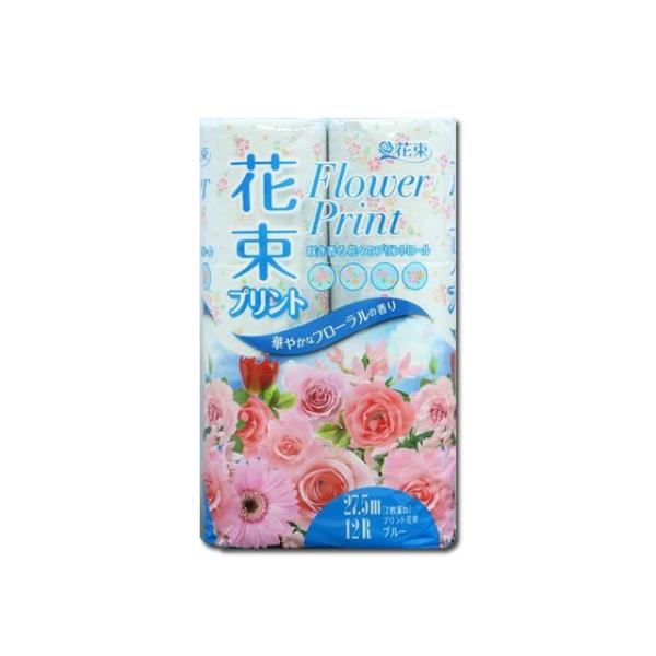 トイレットペーパー 丸富製紙 プリント花束 ブルー ダブル27.5m 12ロールＸ8パック