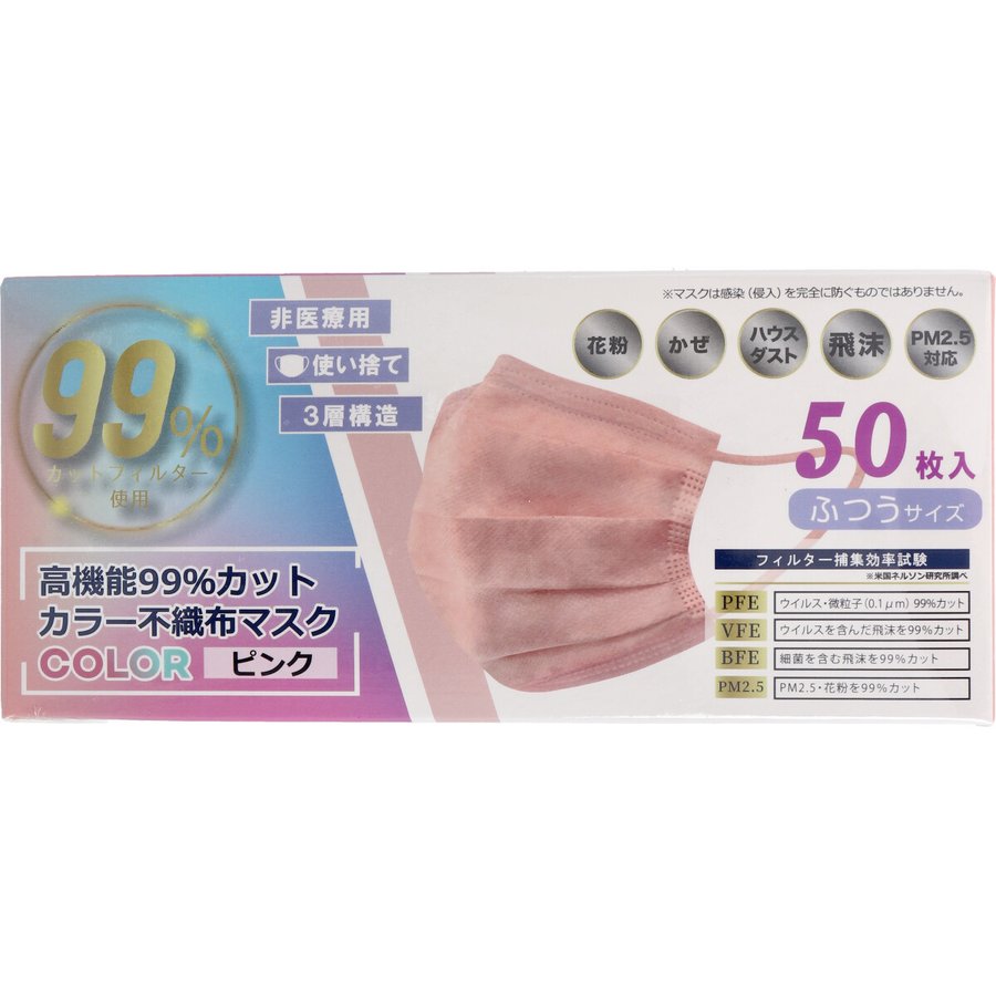 高機能99％カット カラー不織布マスク ふつうサイズ ピンク 50枚入りＸ5箱 KI1398