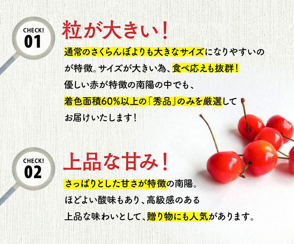【先着10購入限定・15%OFF】早割【7月中旬発送/予約】 南陽 さくらんぼ 800g Lサイズ