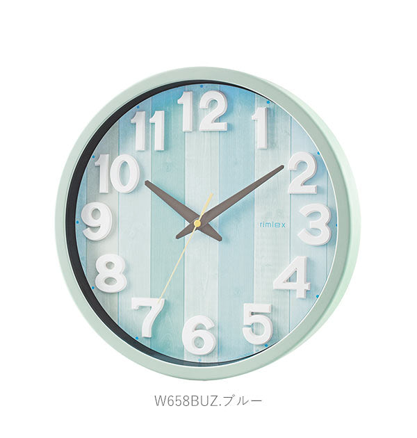 【W658BUZ.ブルー・電波式掛け時計】 時計 壁掛け オシャレ 通販 電波時計 おしゃれ リゾート 静か かわいい 子供部屋 インテリア 新築祝い 新生活 プレゼント パステルカラー 木目調 寝室  ウォールクロック リムレックス