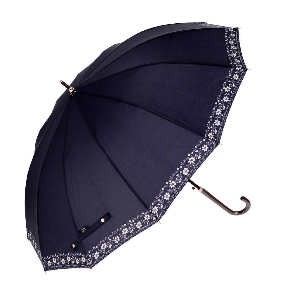 【フローラルガーデンNAVY・傘】 傘 レディース ジャンプ 通販 55cm グラスファイバー 12本骨 長傘 雨傘 雨具 丈夫 natural basic ナチュラルベーシック かさ カサ 婦人傘 花 星 猫 雨グッズ レイングッズ