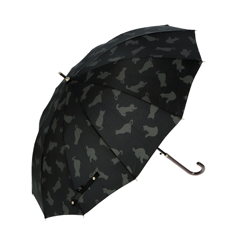 【シルエットキャットBLACK】 傘 レディース ジャンプ 通販 55cm グラスファイバー 12本骨 長傘 雨傘 雨具 丈夫 natural basic ナチュラルベーシック かさ カサ 婦人傘 花 星 猫 雨グッズ レイングッズ
