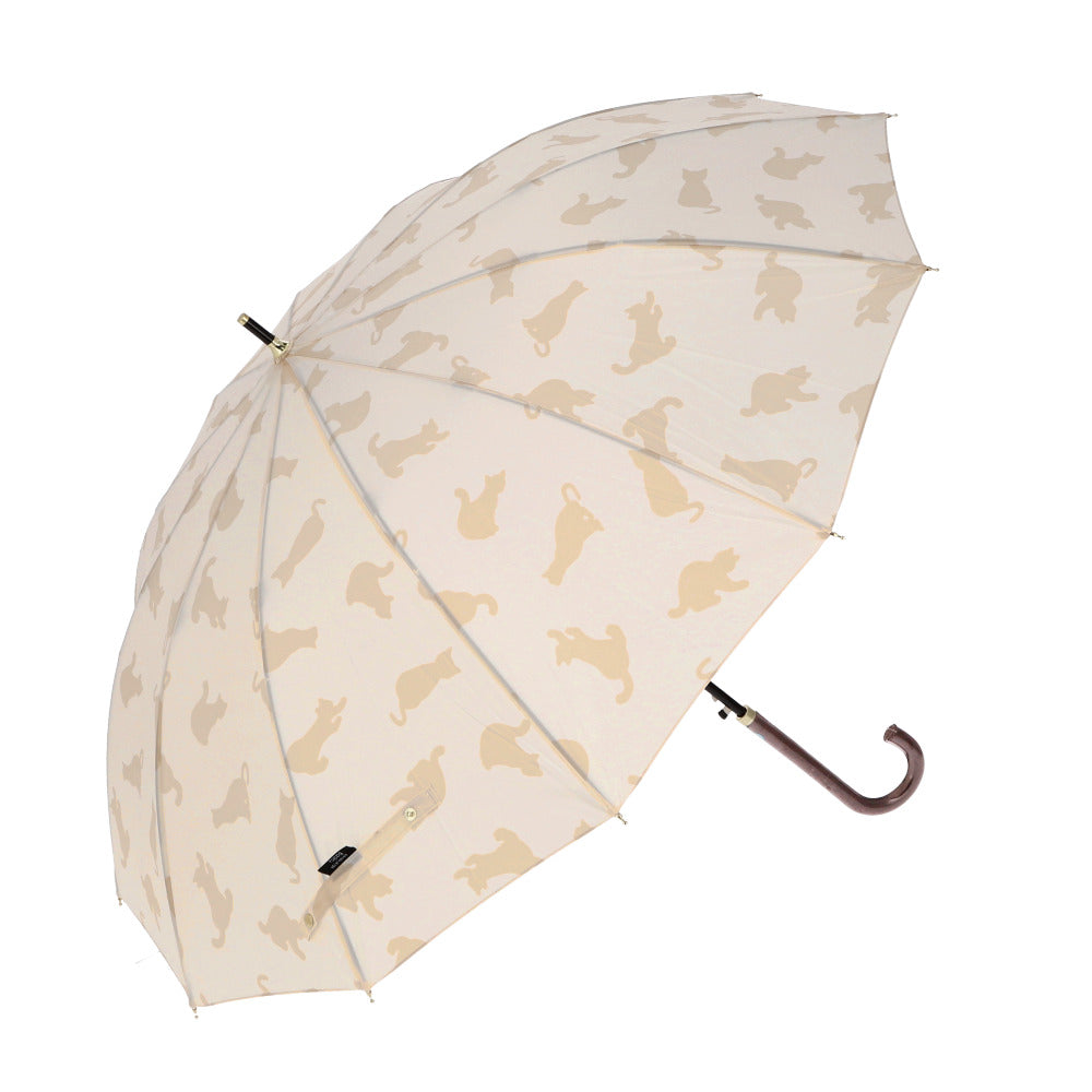 【シルエットキャットIVORY・傘】 傘 レディース ジャンプ 通販 55cm グラスファイバー 12本骨 長傘 雨傘 雨具 丈夫 natural basic ナチュラルベーシック かさ カサ 婦人傘 花 星 猫 雨グッズ レイングッズ
