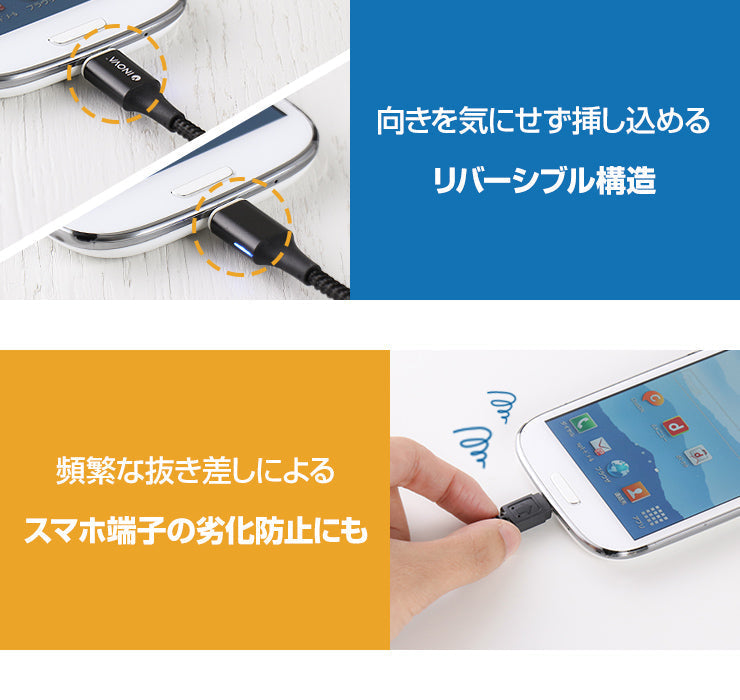 イノバ マイクロusbケーブル マグネット 充電ケーブル 1m 急速 2.4 充電 データ usbケーブル(3R-NCR03BK)