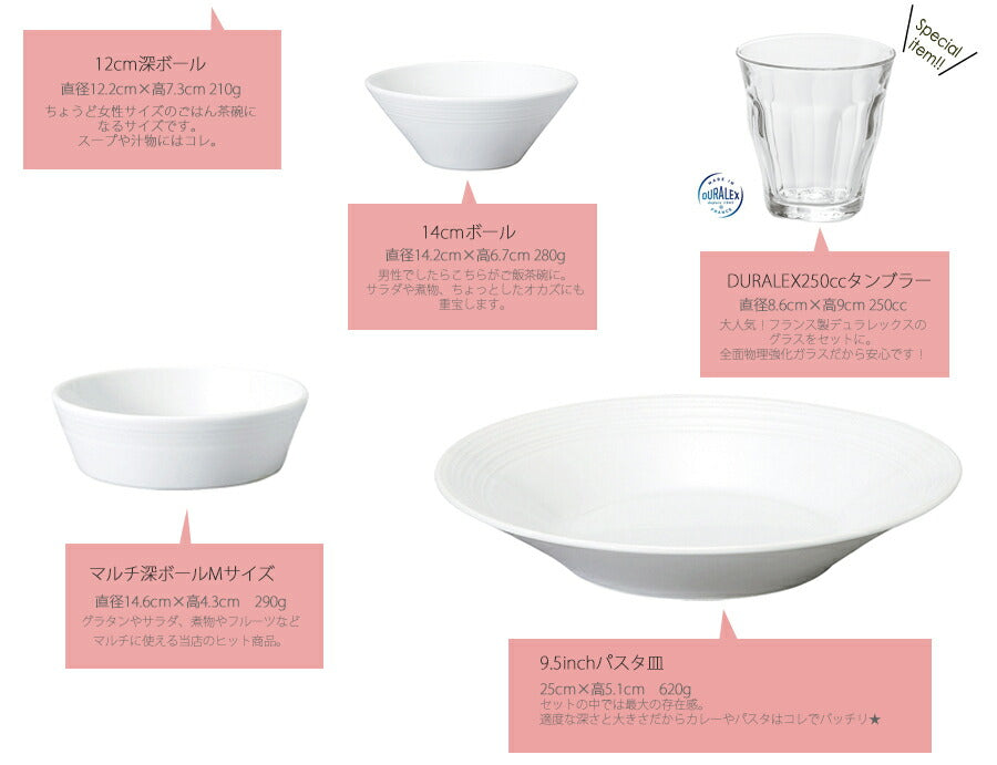 【送料無料】リップル食器８点セット（DURALEXグラス付） 送料無料(一部地域対象外) シンプル 食器 セット 一人暮らし　男女兼用 男性 女性 白磁 国産 美濃焼 おしゃれ 新生活 進学 新社会人 ギフト 一部アウトレット含む  陶器のふる里