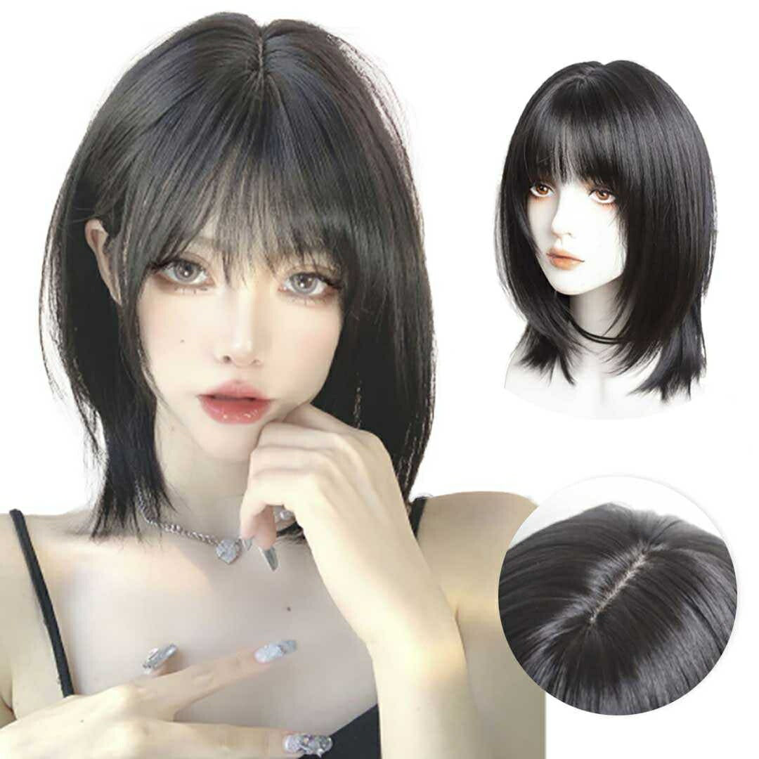 ウィッグ ブラック ミディアム セミロング ネット付き 黒髪 黒ヘアー ヘア ロング フルウィッグ 自然 軽量 小顔効果 ナチュラル サラツヤ かわいい 流行り 最新 ベース 病みかわ 夢かわいい ストレート 調整可能 ウイッグ 綺麗