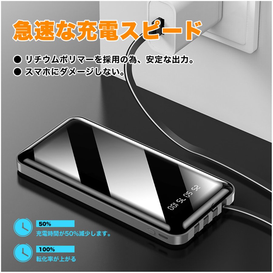 モバイルバッテリー ケーブル内蔵 20000mAh 送料無料 PSE認証済 充電器 大容量 軽量 急速充電