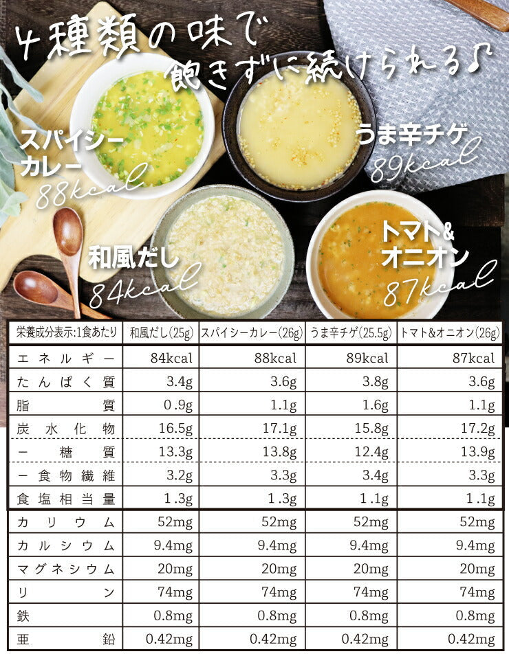 【限定クーポンで20%OFF】オートミール雑炊 ４種類８食（和風だし スパイシーカレー うま辛チゲ トマト&オニオン）