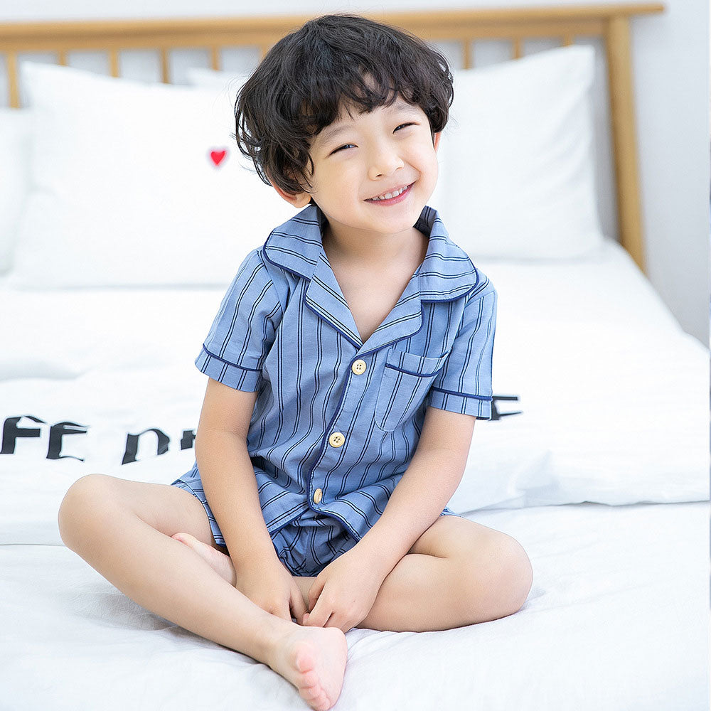 poodle パジャマ キッズ ジュニア半袖 男の子 女の子 子供 さらさら 涼しい ルームウェア 部屋着 春夏用 韓国子供服 トップス パンツ 2点セット ストライプ さらさら 着心地 縦縞 縦じま ブルー ホワイト 80cm 90cm 100cm 110cm 120cm 130cm かわいい 可愛い(ホワイト,100)