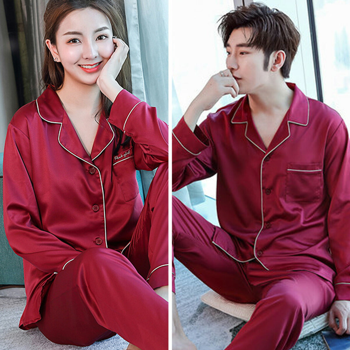 シルク パジャマ メンズ レディース 100% 洗える シルクパジャマ レディース メンズ シルク 生地 前開き 上下セット セットアップ ペアルック カップルコーデ パジャマ 可愛い かわいい おすすめ 春 夏 秋 冬 用 部屋ぎ パンツ ナイトウェア 襟付き ルームウェア 寝巻 (ピンク XXLサイズ レディース)