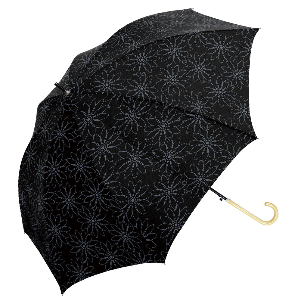 【910015フラワーBLK】 100% 完全遮光 日傘 長傘 通販 レディース 大きめ 58cm おしゃれ UVカット 紫外線対策 遮光率 紫外線遮蔽率 晴雨兼用 UPF 50+ ブラックコーティング 遮熱 熱中症対策 通勤 通学 傘