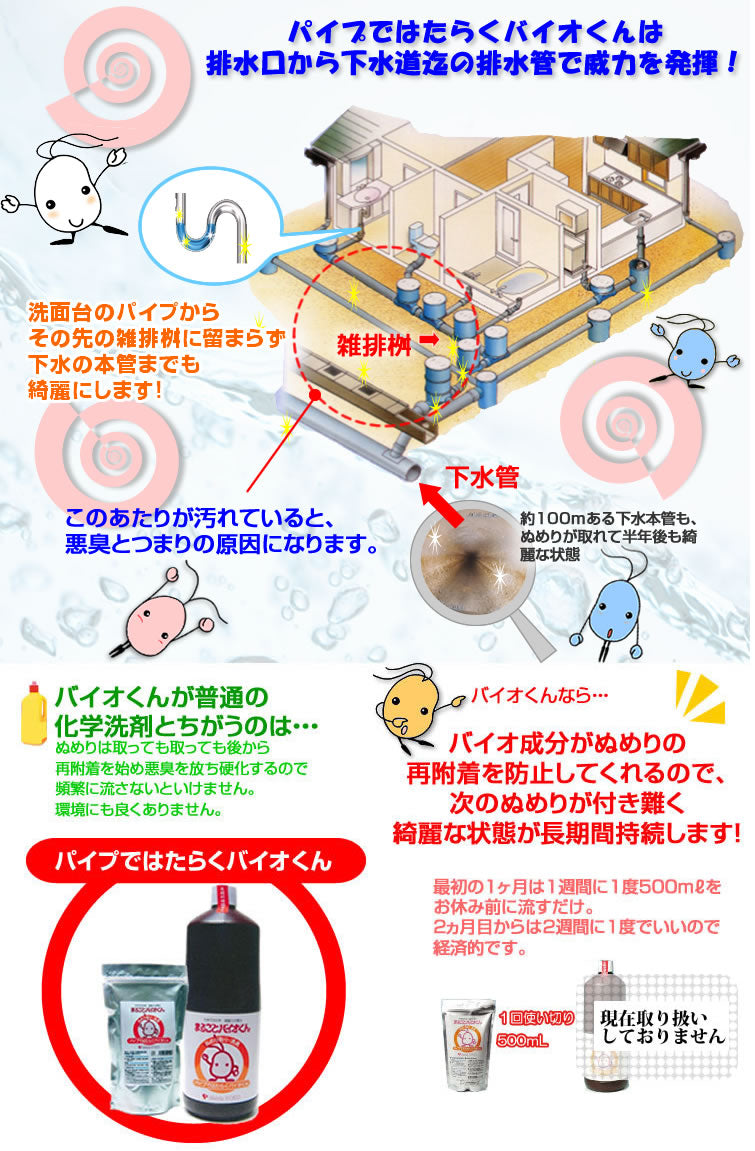 排水管洗浄液1．8L　(旧 パイプではたらくバイオくん)　洗浄仕上に 浄化槽がある排水口、排水管　グリストラップの浄液