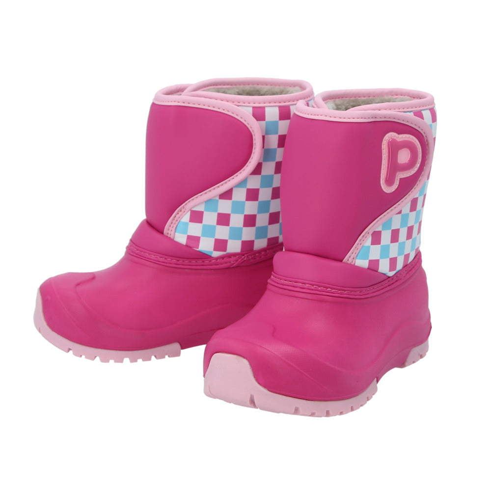 【ピンクチェッカー・15-16cm】 スノーブーツ キッズ 通販 滑らない ウィンターブーツ レインブーツ 女の子 男の子 ブーツ長靴 子ども ジュニア 防寒靴 子供 おしゃれ ブランド プーキーズ PK-WP800 防寒長靴 かわいい
