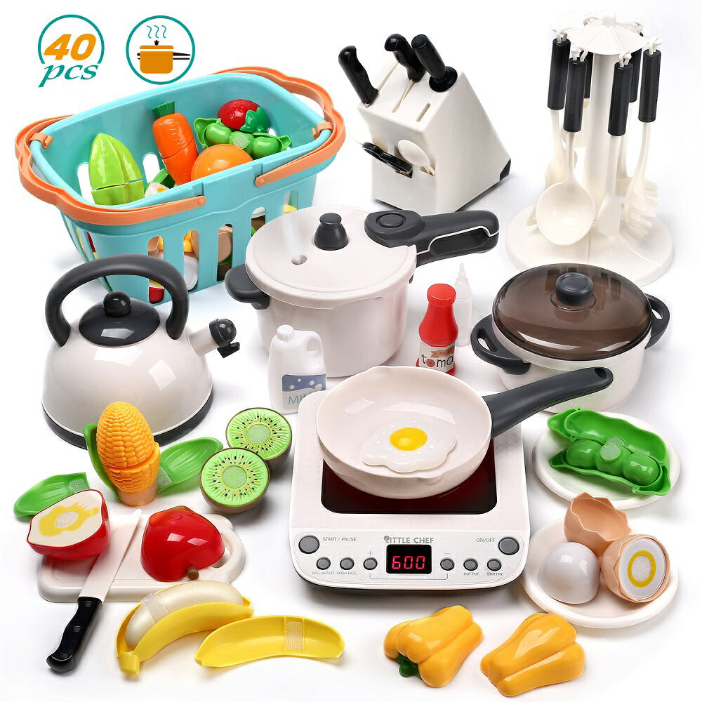 CuteStone おままごと キッチンセット IH調理器 リアル噴霧 贅沢食材 40点セット お買い物かご 室内遊び 室内ゲーム 白 お鍋 キッチン用具 収納ケース付き ごっこ遊び 台所 シミュレーション 知育玩具 男の子 女の子 入園祝い こどもの日 小学生 誕生日 プレゼント 送料無料