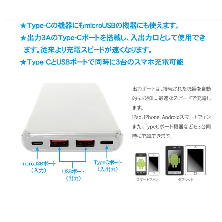 Lazos　Type-C　QC/PD対応　10000mAh　高速充電リチウムポリマーモバイルバッテリー【ホワイト】 PSE取得済み rd-014