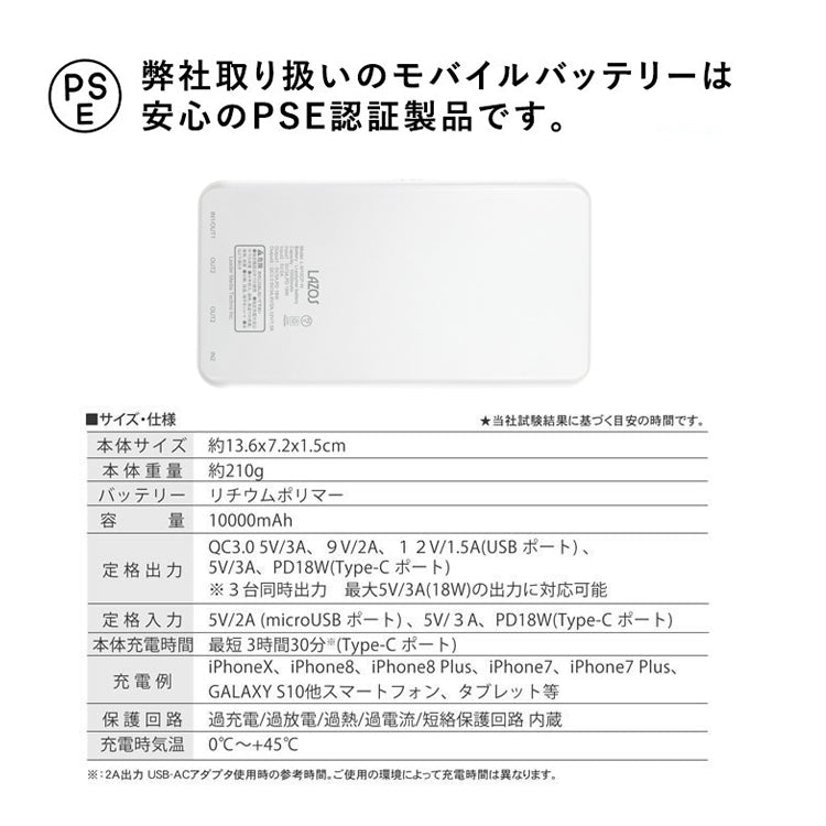 Lazos　Type-C　QC/PD対応　10000mAh　高速充電リチウムポリマーモバイルバッテリー【ホワイト】 PSE取得済み rd-014
