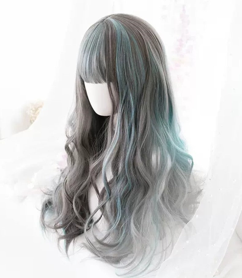 シルバー　グリーンメッシュ　フルウィッグ 自然 軽量 ミックス 小顔効果 ナチュラル 姫カット かわいい 綺麗 髪 ストレート 原宿系 ハロウィン コスプレ エクステ 耐熱 wig コミケ 夏コミ