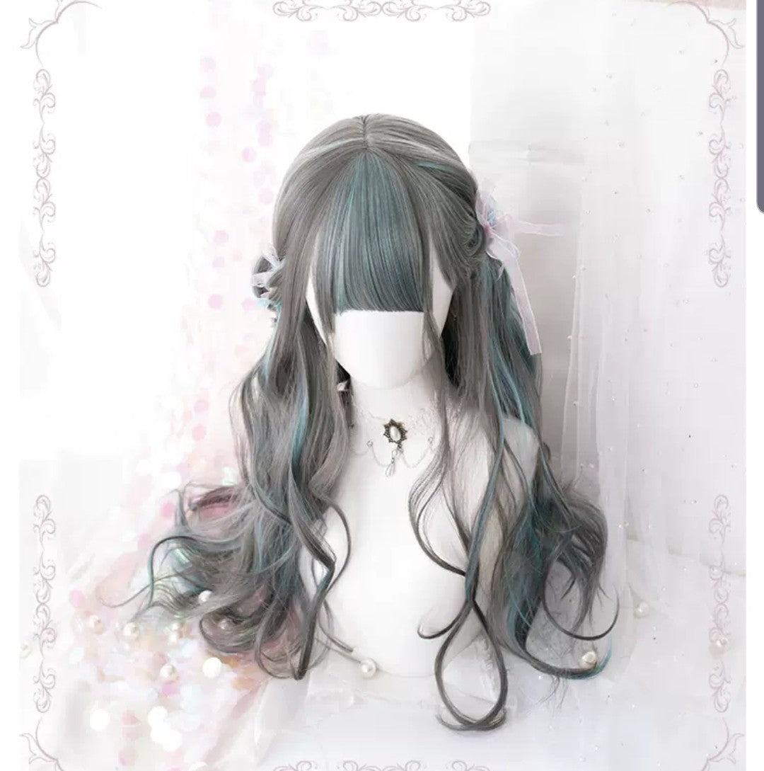 シルバー　グリーンメッシュ　フルウィッグ 自然 軽量 ミックス 小顔効果 ナチュラル 姫カット かわいい 綺麗 髪 ストレート 原宿系 ハロウィン コスプレ エクステ 耐熱 wig コミケ 夏コミ