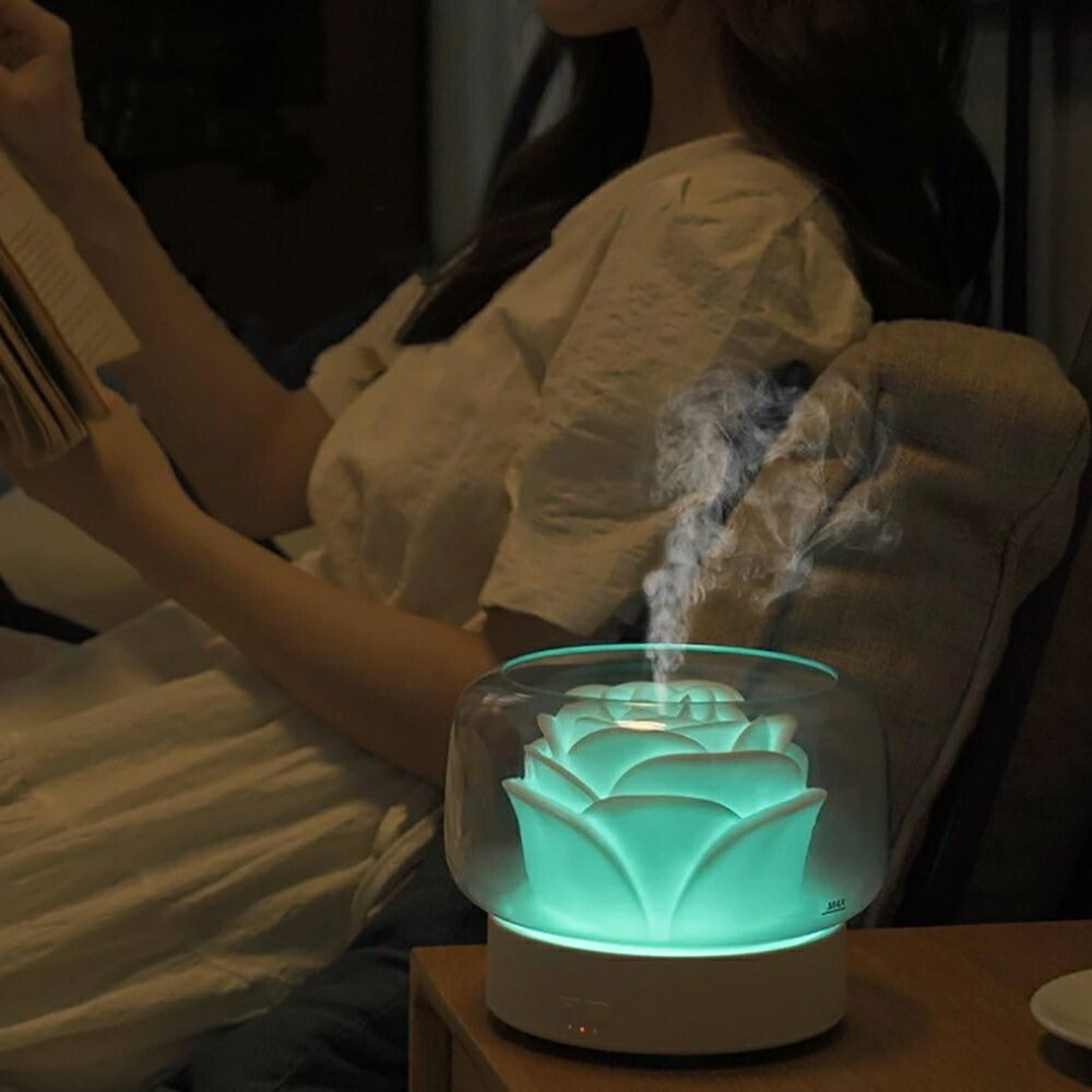 加湿器 薔薇 アロマ ローズ ホワイト Rose 乾燥対策 アロマ ディフューザー 加湿機 LED 照明 アロマ ランプ ナイト ライト 超音波 アロマ加湿器 卓上 リビング 部屋 ダイニング 寝室 可愛い 癒しグッズ コンパクト お誕生日 プレゼント