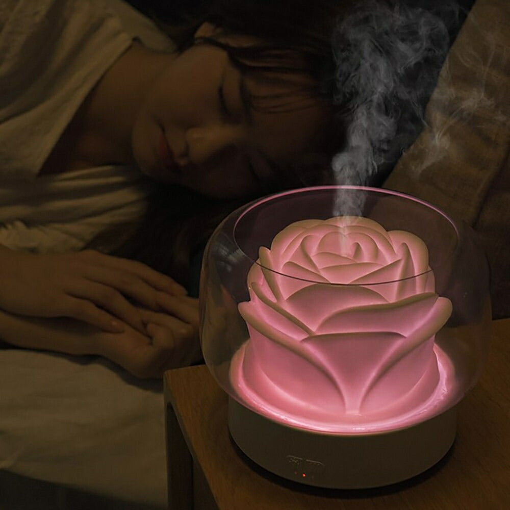 加湿器 薔薇 アロマ ローズ ホワイト Rose 乾燥対策 アロマ ディフューザー 加湿機 LED 照明 アロマ ランプ ナイト ライト 超音波 アロマ加湿器 卓上 リビング 部屋 ダイニング 寝室 可愛い 癒しグッズ コンパクト お誕生日 プレゼント