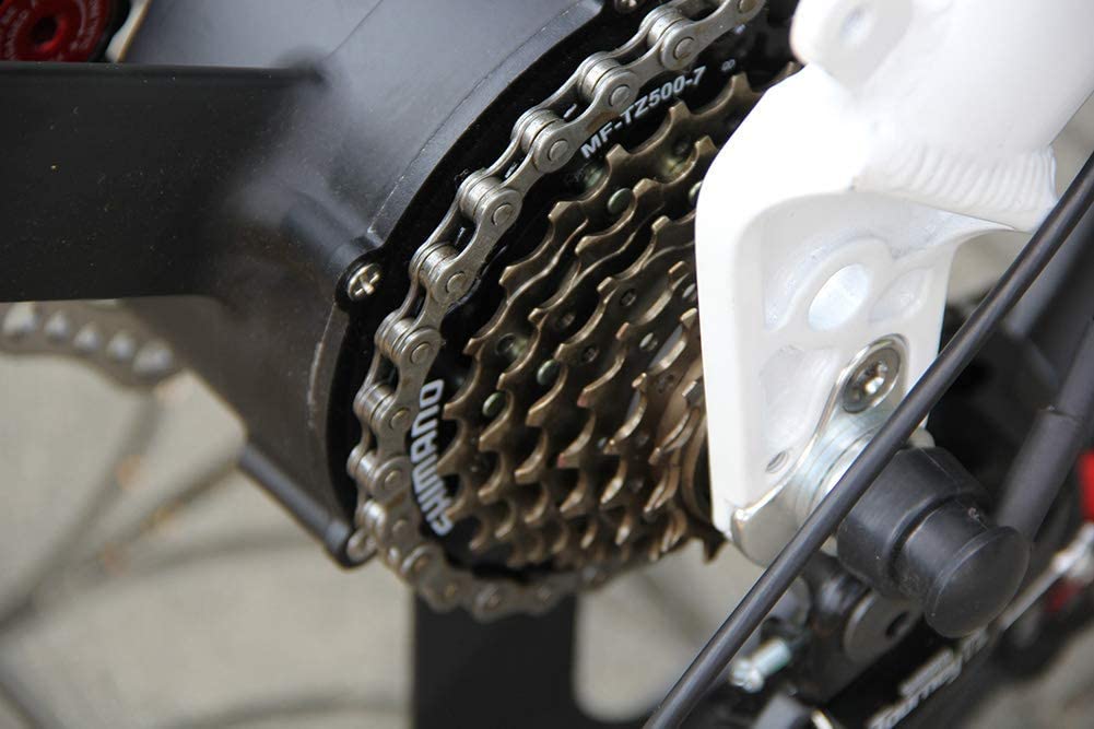 20インチ折りたみ電動アシスト自転車電力5速調整 外装SHIMANO 7段変速ギア 48v 350w 10Ah ディスクブレーキ LEDライト搭載 USB充電可 サドル リアテールライト付き
