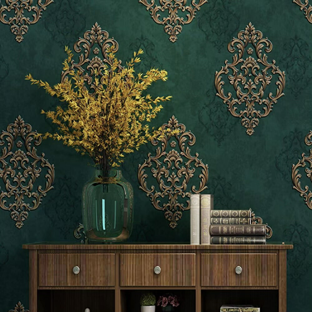 壁紙 ダマスク柄 グリーン 緑 53cm×1000cm シールタイプ DIY 模様替え かわいい damask クロス 補修 ラグジュアリー 北欧 賃貸壁紙 背景 プレゼント シンプル ベッドルーム リビング 防音 リメイク リフォーム シート