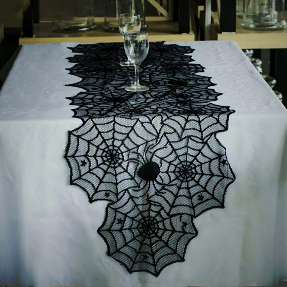 ハロウィン テーブルクロス 蜘蛛の巣 テーブルランナー レース くも クモ スパイダー ブラック 黒 ホラー リアル 本格的 誕生日 飾り付け 室内 クリスマス 怖い 恐怖 渋い かわいい Xmas Christmas 豪華 華やか おしゃれ