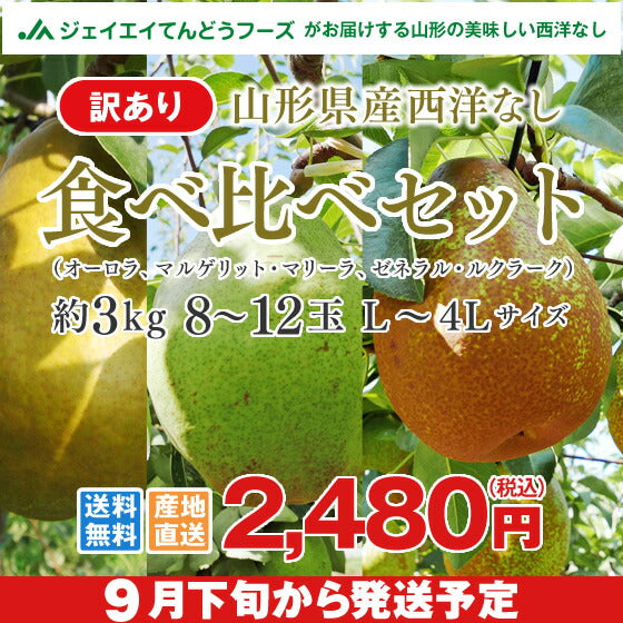 【訳ありお買い得品】山形県産西洋梨食べ比べセット約3kg(8-12玉)【送料無料】※一部地域は別途送料追加