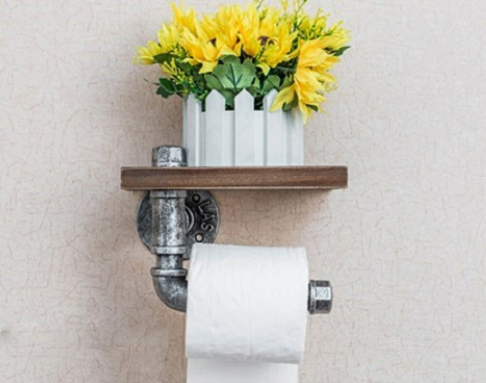 パイプ トイレットペーパー ペーパーホルダー アンティーク調 家具 ペーパーホルダー トイレ 壁付け 木製 ウッド 組立式 無垢木製 棚付き スマホ 小物 消臭剤 本 写真 収納 整理 トイレッペーパー オシャレ