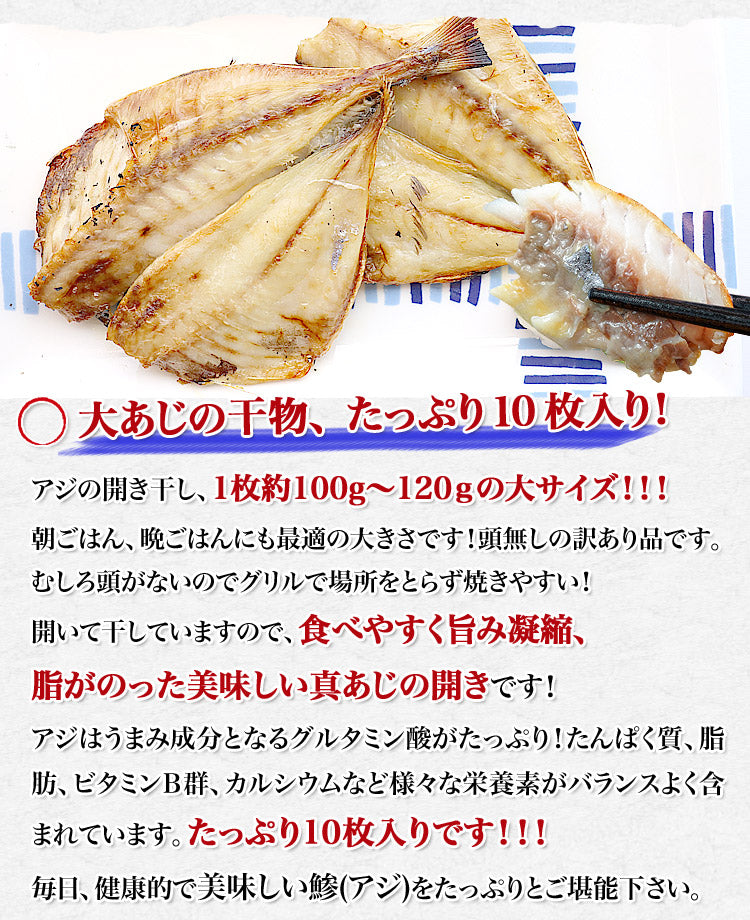 お買い得！真アジ干物10枚入り 開き干し 約1kg 大きい 干物 開き 10人前 鯵 あじ 送料無料 冷凍便 お取り寄せグルメ ギフト