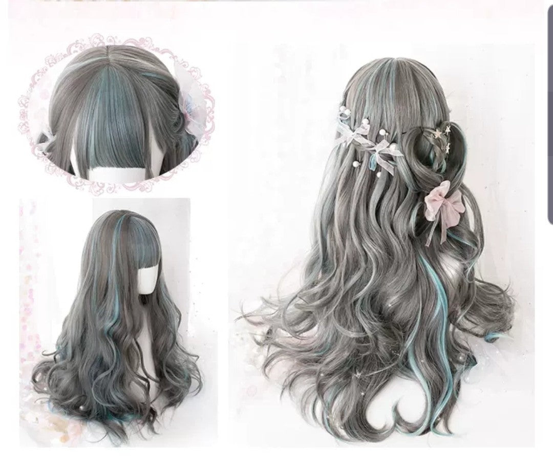 シルバー　グリーンメッシュ　フルウィッグ 自然 軽量 ミックス 小顔効果 ナチュラル 姫カット かわいい 綺麗 髪 ストレート 原宿系 ハロウィン コスプレ エクステ 耐熱 wig コミケ 夏コミ