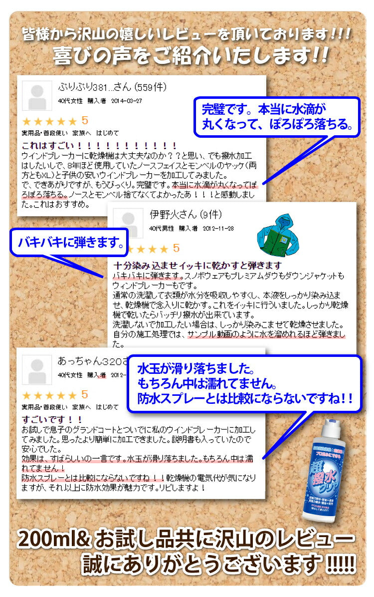 『 超撥水クリヤ 200ml』防水スプレー では満足出来ない方へ