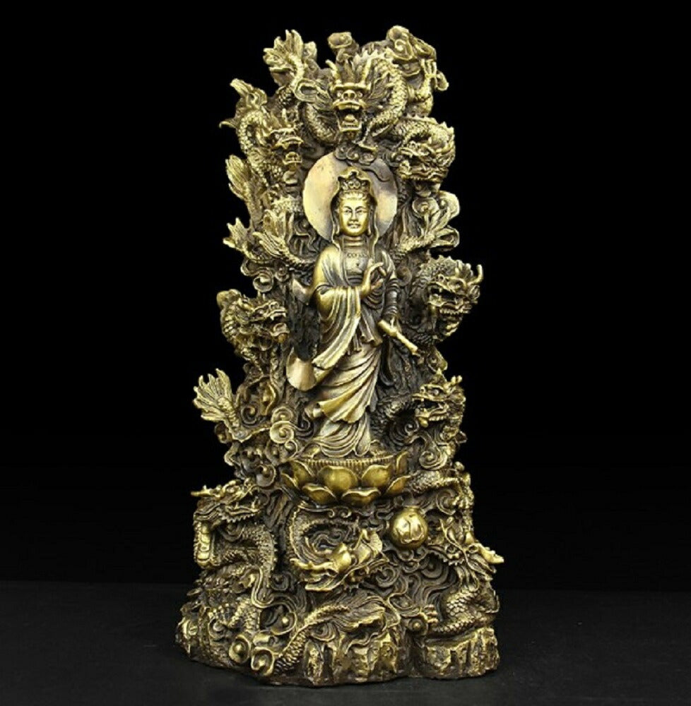 特大サイズ 九龍観音像 観音菩薩像 中国神話 竜生九子 仏像 縁起物 祈る スピリチュアル プレゼント 贈り物 ギフト お土産 お守り 開運厄除　祈願成就　ドラゴン 置物 風水 アイテム 龍 竜 龍神 パワースポット 真鍮 金運 財産運 出世運 恋愛運